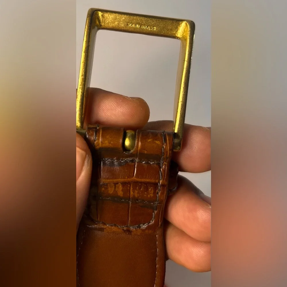 Belt. Red & Brown Leather Elastic Belt. 36/90 Solid Brass Buckle
